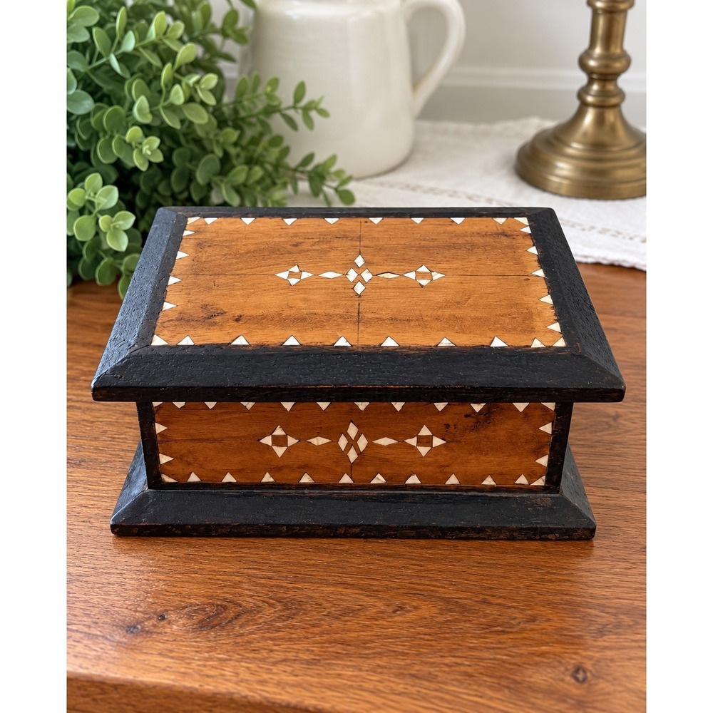 Vintage Handcrafted Wooden Trinket Box Mother of Pearl Inlay Geometric Folk Art